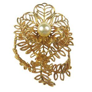 Brooch Pin Goldtone Vintage Leaf Spray 1.7 in Estate Imitation Pearl  Flower